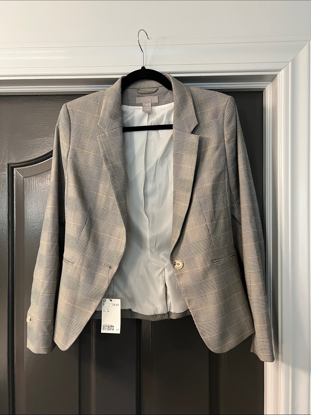 H&M Gray Plaid Single-Button Blazer, Women’s Size 6